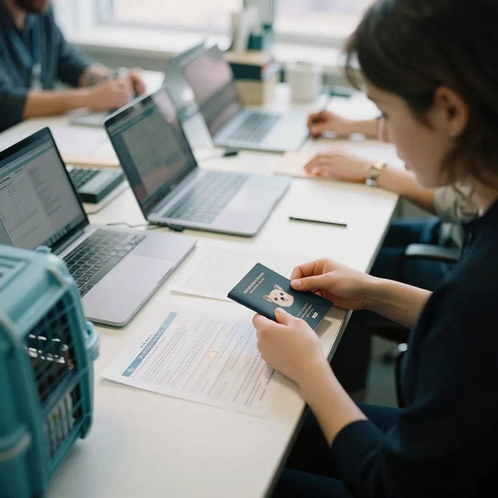 Propietario y mascota felices después de completar documentación
